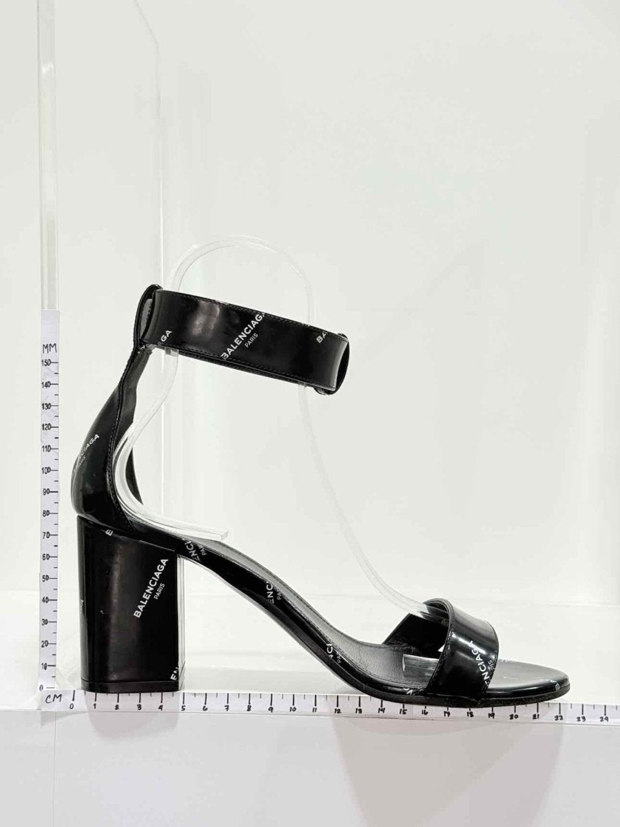 Pre - loved BALENCIAGA Black Logo Print Size EU 38 Heeled Sandals at Reems Closet