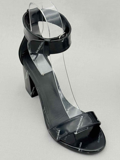 Pre - loved BALENCIAGA Black Logo Print Size EU 38 Heeled Sandals at Reems Closet