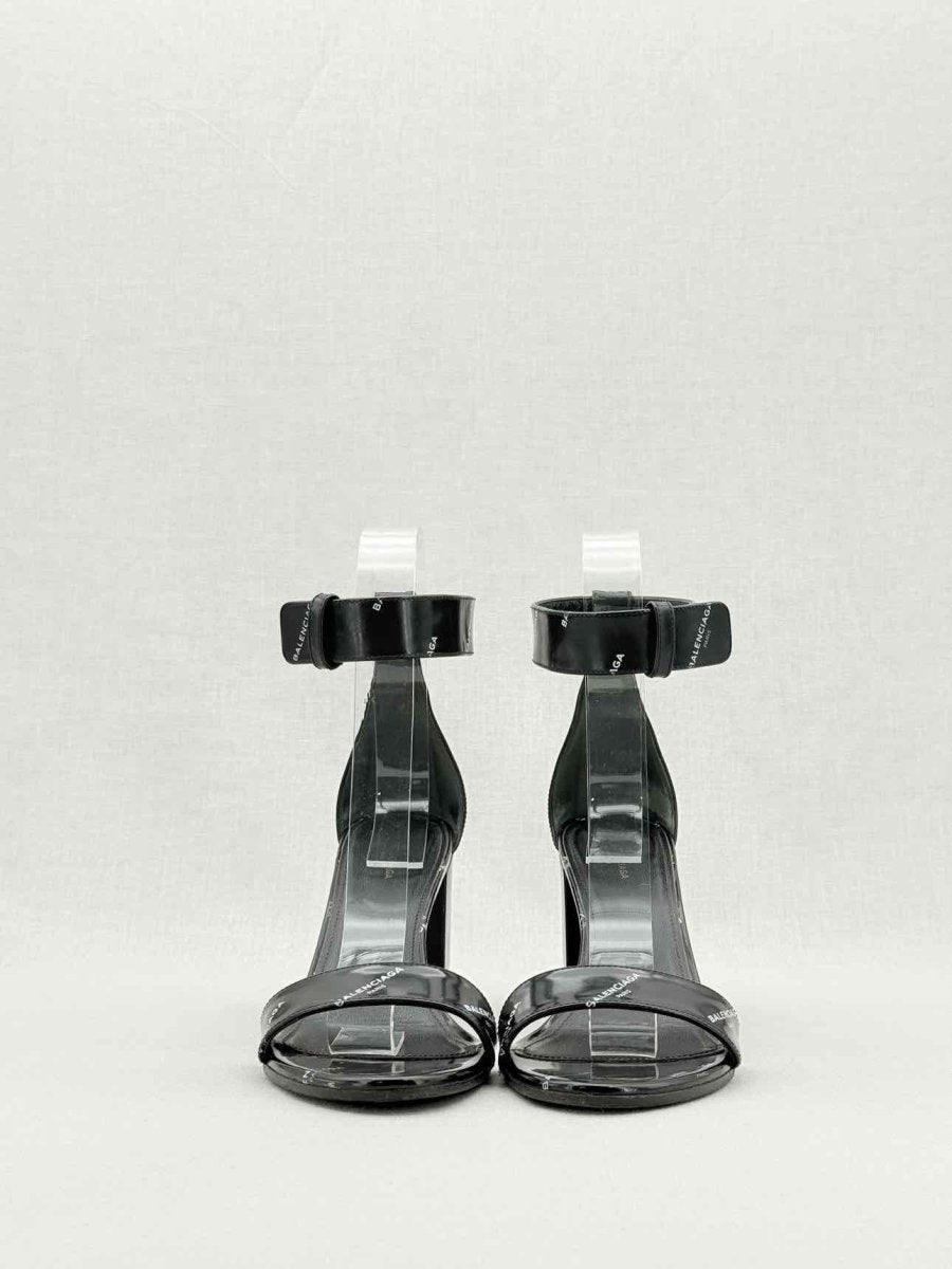 Pre - loved BALENCIAGA Black Logo Print Size EU 38 Heeled Sandals at Reems Closet
