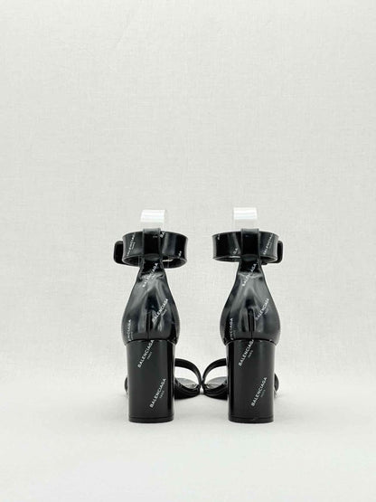 Pre - loved BALENCIAGA Black Logo Print Size EU 38 Heeled Sandals at Reems Closet