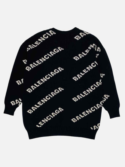 Pre - loved BALENCIAGA Black w/ White All Over Logo Cardigan at Reems Closet