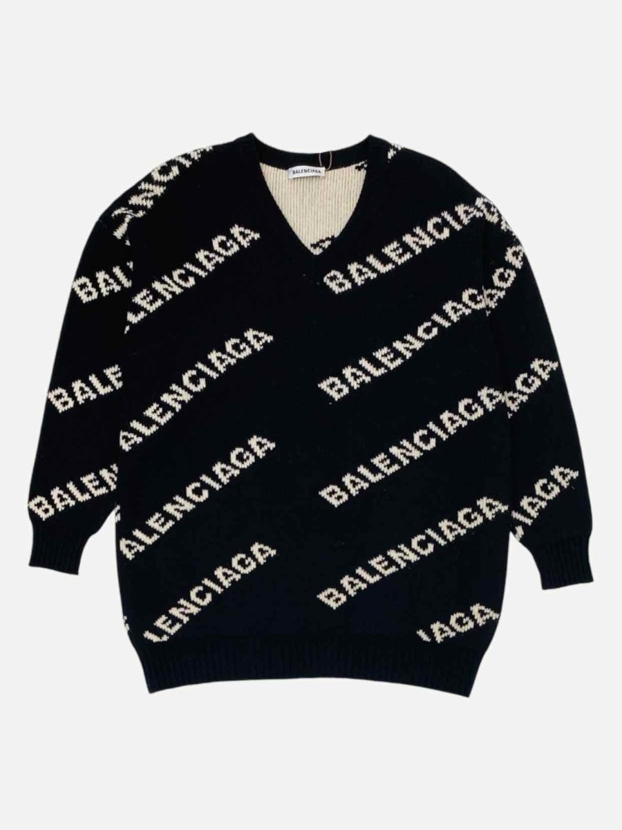 Pre - loved BALENCIAGA Black w/ White All Over Logo Cardigan at Reems Closet