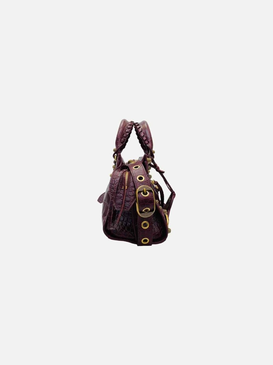 Pre - loved BALENCIAGA Cagole Burgundy Croc Embossed Leather Top Handle at Reems Closet