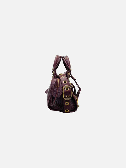 Pre - loved BALENCIAGA Cagole Burgundy Croc Embossed Leather Top Handle at Reems Closet
