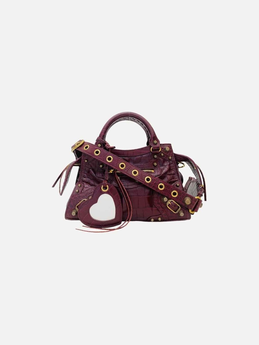 Pre - loved BALENCIAGA Cagole Burgundy Croc Embossed Leather Top Handle at Reems Closet