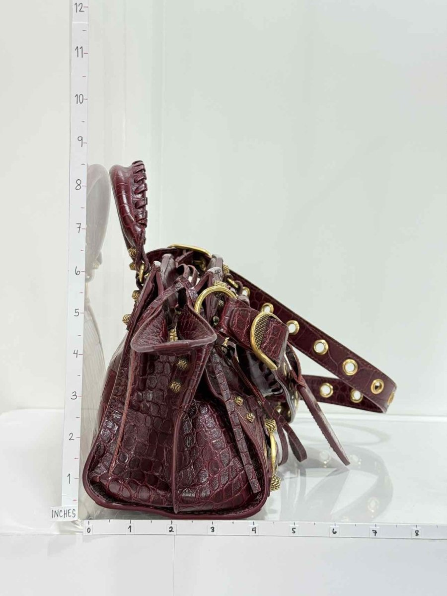 Pre - loved BALENCIAGA Cagole Burgundy Croc Embossed Leather Top Handle at Reems Closet