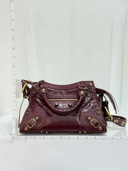 Pre - loved BALENCIAGA Cagole Burgundy Croc Embossed Leather Top Handle at Reems Closet
