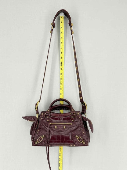 Pre - loved BALENCIAGA Cagole Burgundy Croc Embossed Leather Top Handle at Reems Closet