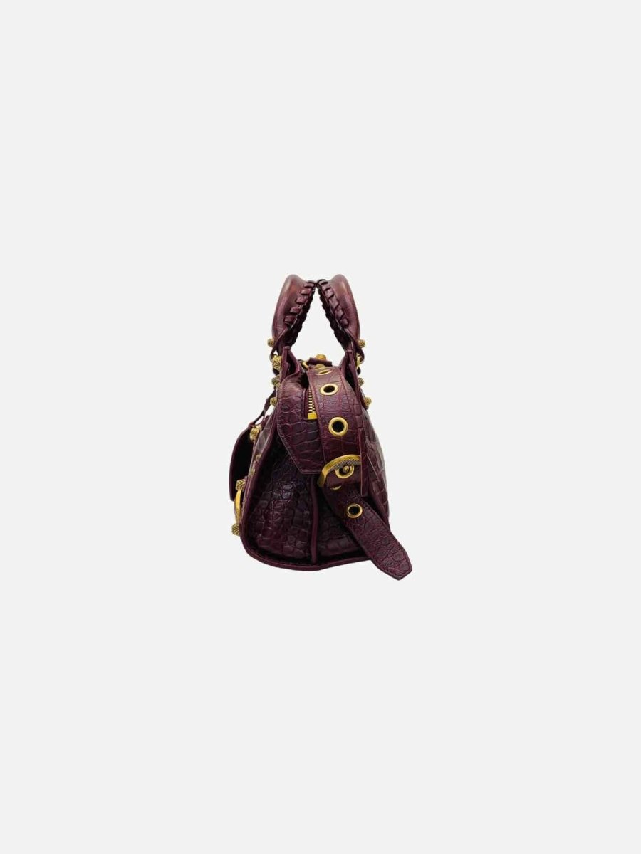 Pre - loved BALENCIAGA Cagole Burgundy Croc Embossed Leather Top Handle at Reems Closet