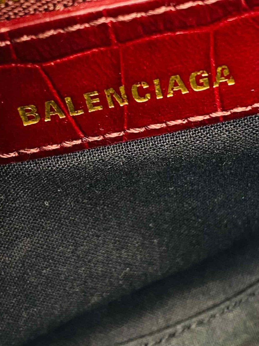 Pre - loved BALENCIAGA Cagole Burgundy Croc Embossed Leather Top Handle at Reems Closet