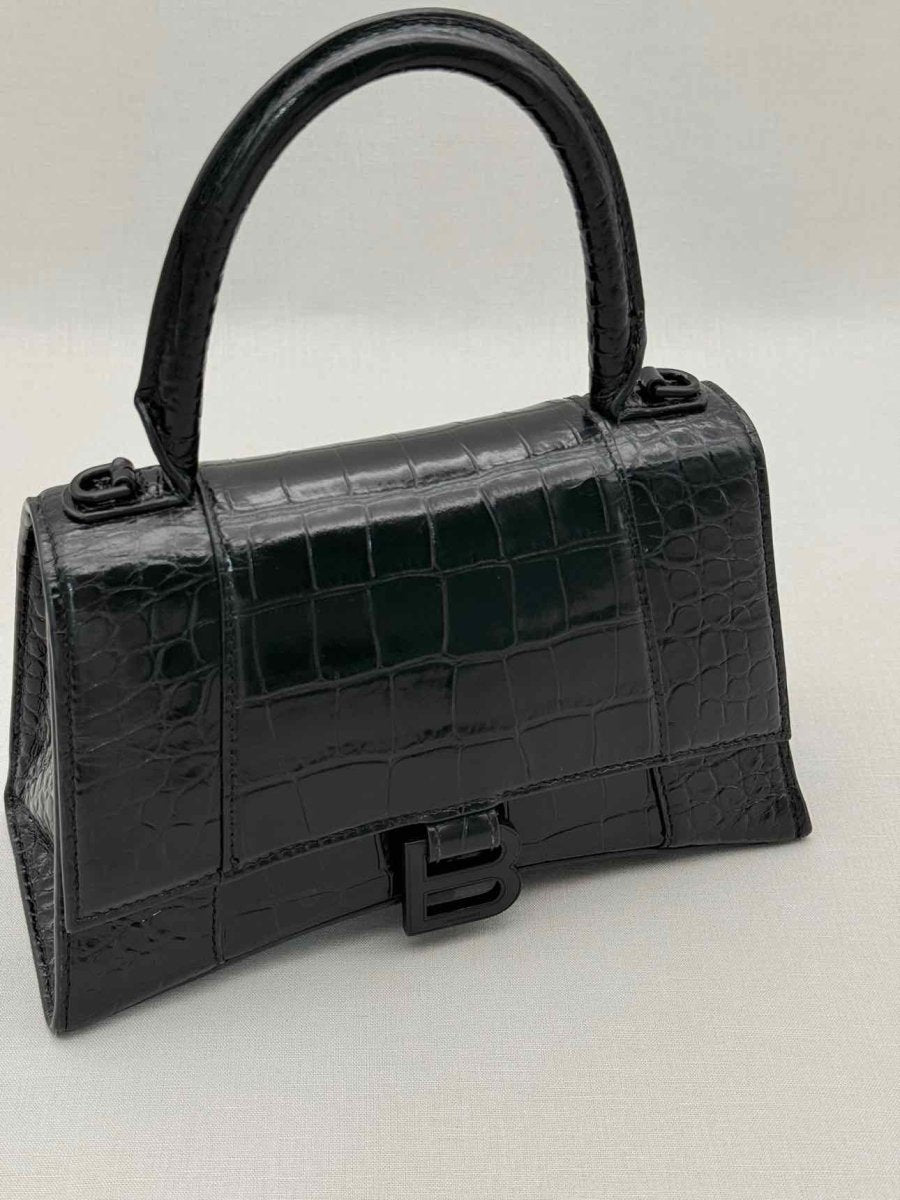 Pre-loved BALENCIAGA Hourglass Black Croc Embossed Top Handle at Reems Closet