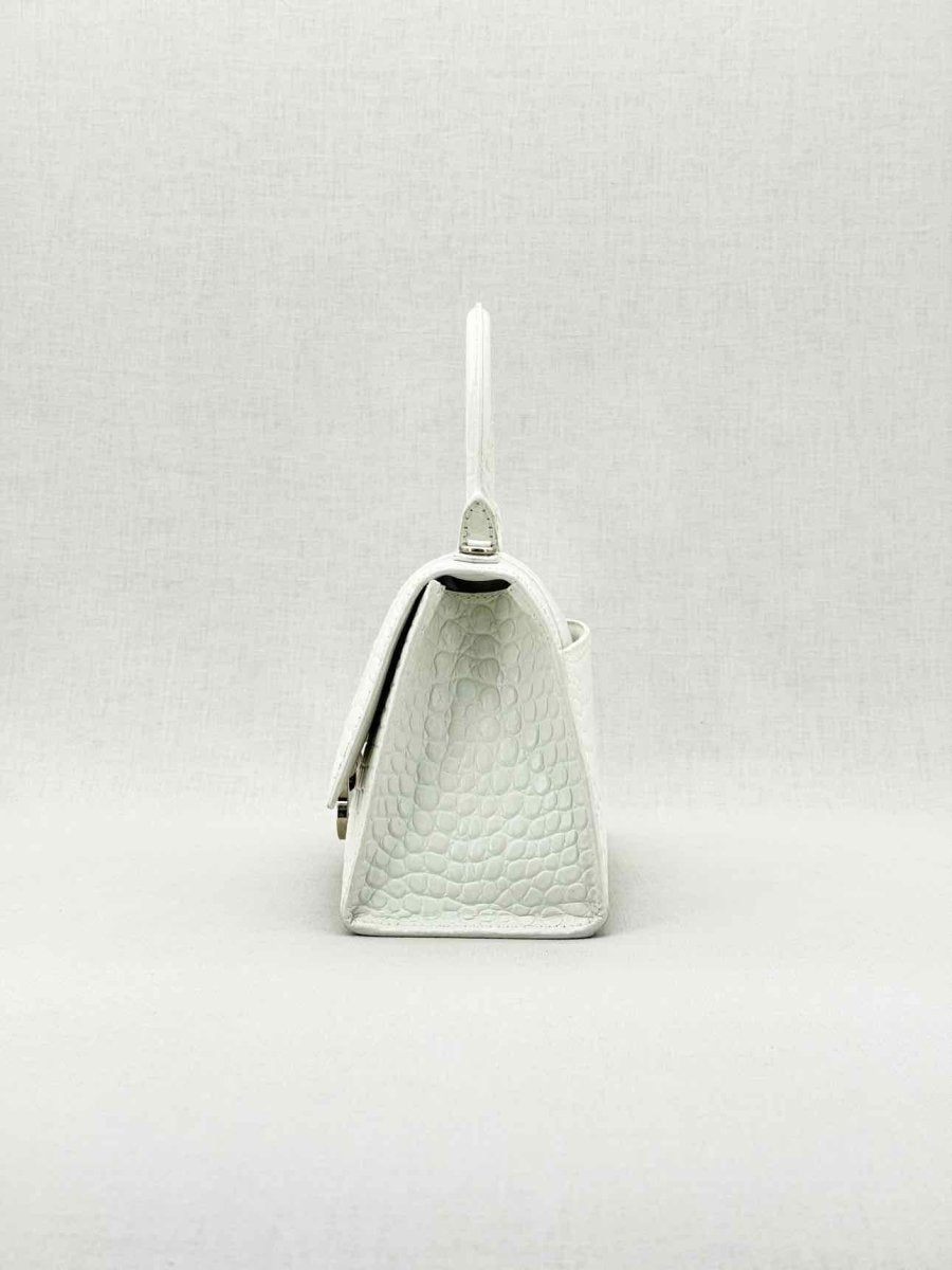 Pre - loved BALENCIAGA Hourglass White Croc Embossed Top Handle at Reems Closet