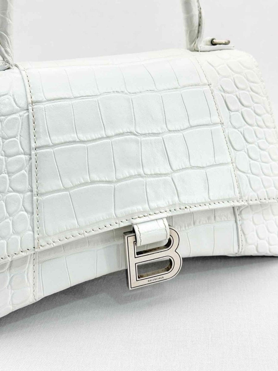 Pre - loved BALENCIAGA Hourglass White Croc Embossed Top Handle at Reems Closet