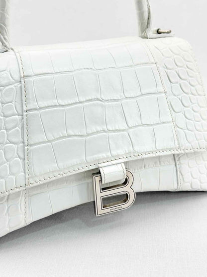 Pre - loved BALENCIAGA Hourglass White Croc Embossed Top Handle at Reems Closet