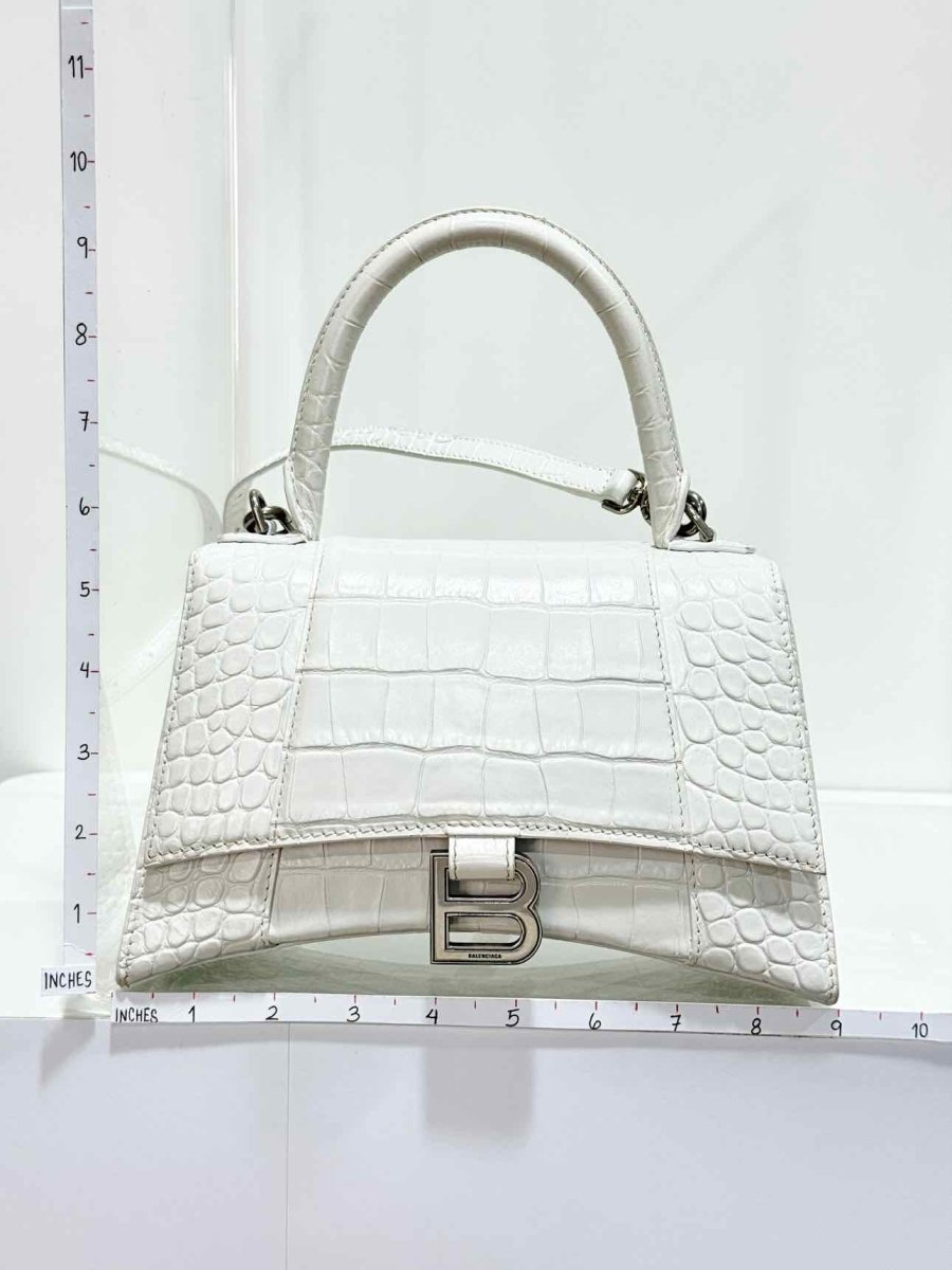 Pre - loved BALENCIAGA Hourglass White Croc Embossed Top Handle at Reems Closet