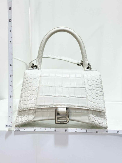 Pre - loved BALENCIAGA Hourglass White Croc Embossed Top Handle at Reems Closet