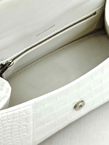 Pre - loved BALENCIAGA Hourglass White Croc Embossed Top Handle at Reems Closet