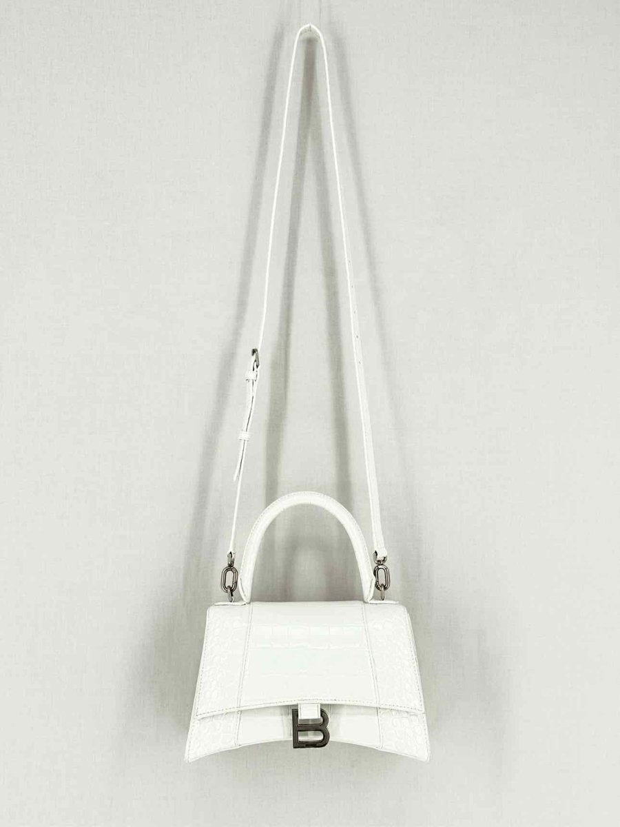 Pre - loved BALENCIAGA Hourglass White Croc Embossed Top Handle at Reems Closet