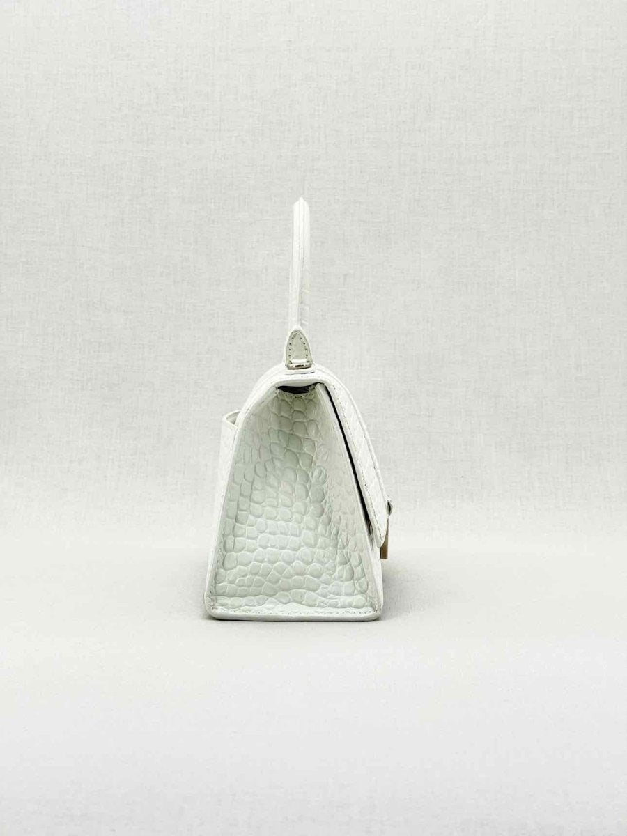 Pre - loved BALENCIAGA Hourglass White Croc Embossed Top Handle at Reems Closet