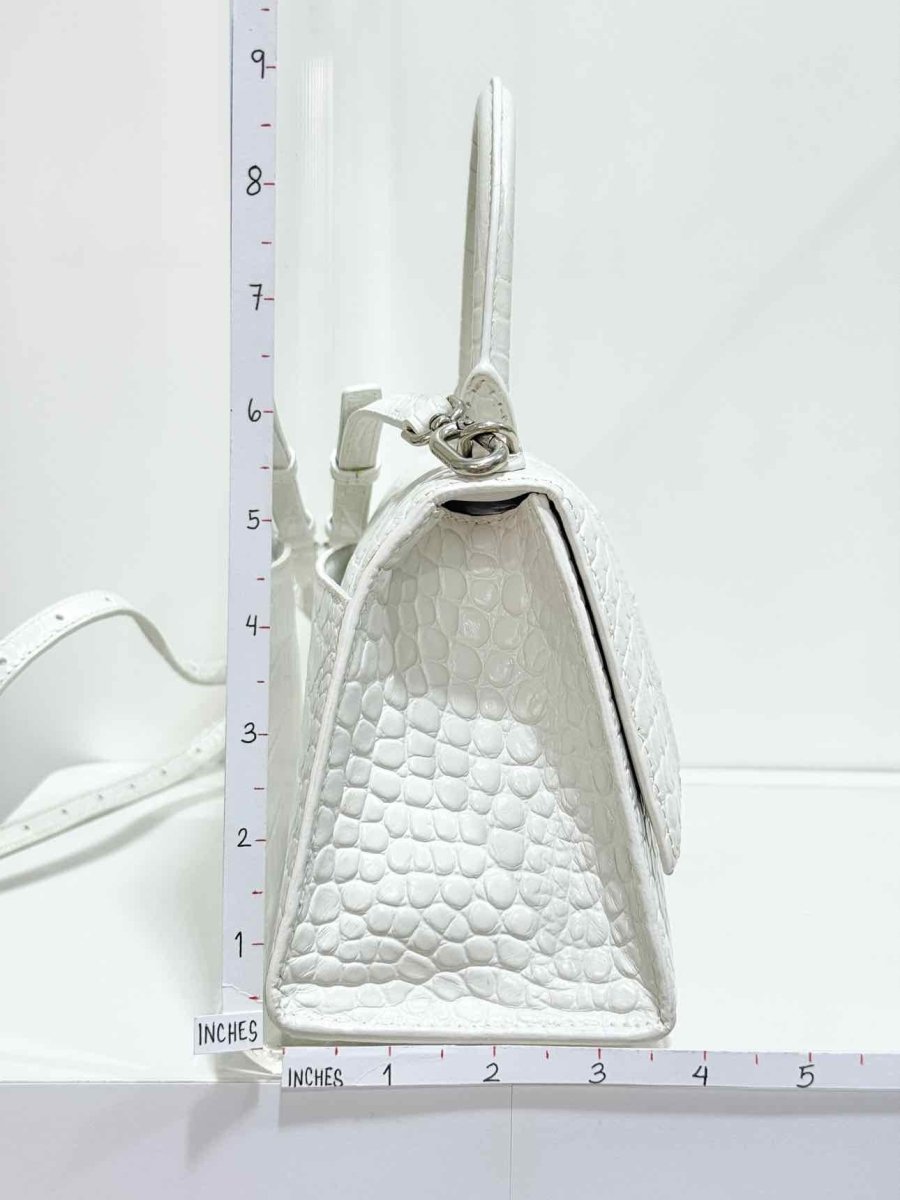 Pre - loved BALENCIAGA Hourglass White Croc Embossed Top Handle at Reems Closet