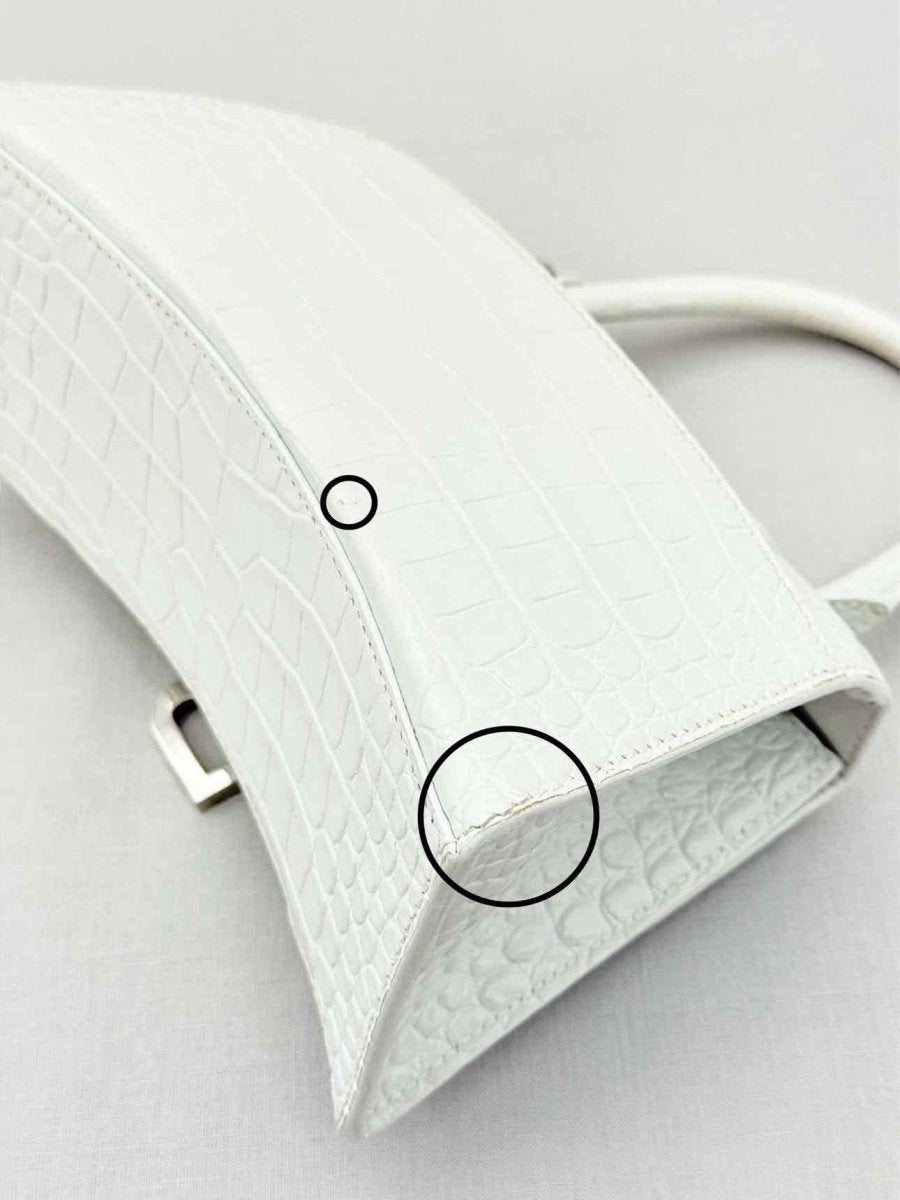 Pre - loved BALENCIAGA Hourglass White Croc Embossed Top Handle at Reems Closet