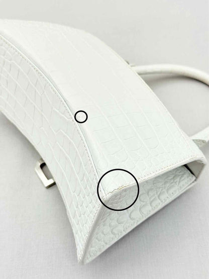 Pre - loved BALENCIAGA Hourglass White Croc Embossed Top Handle at Reems Closet