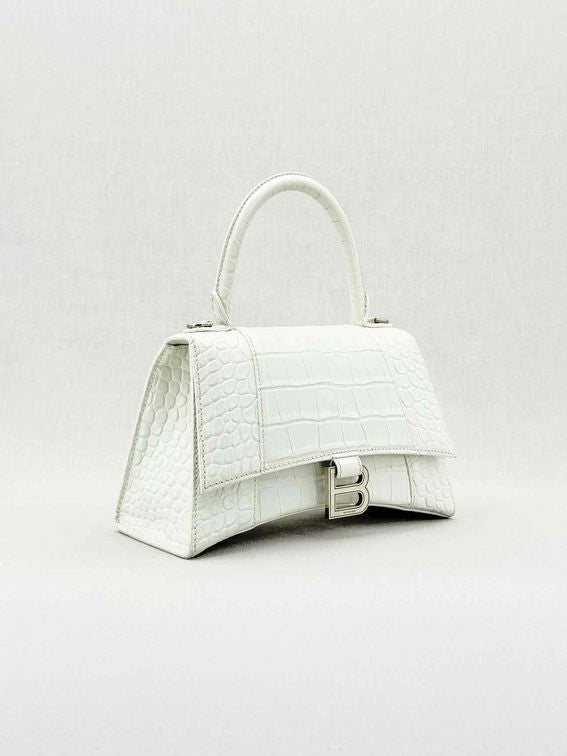 Pre - loved BALENCIAGA Hourglass White Croc Embossed Top Handle at Reems Closet
