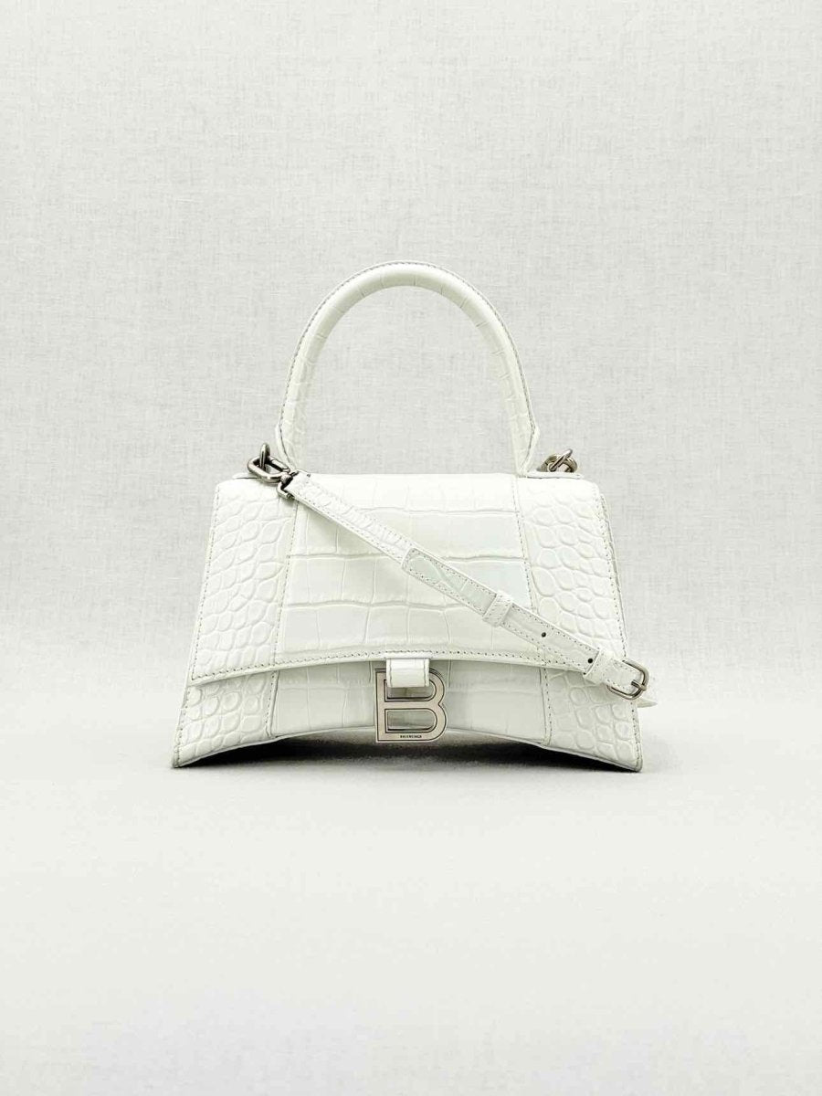 Pre - loved BALENCIAGA Hourglass White Croc Embossed Top Handle at Reems Closet