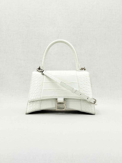 Pre - loved BALENCIAGA Hourglass White Croc Embossed Top Handle at Reems Closet