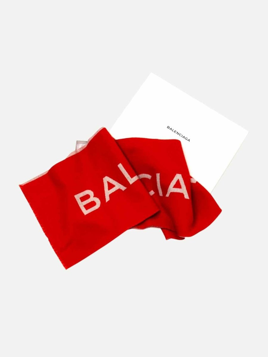 Pre - loved BALENCIAGA Jacquard Red & Beige Logo Shawl at Reems Closet