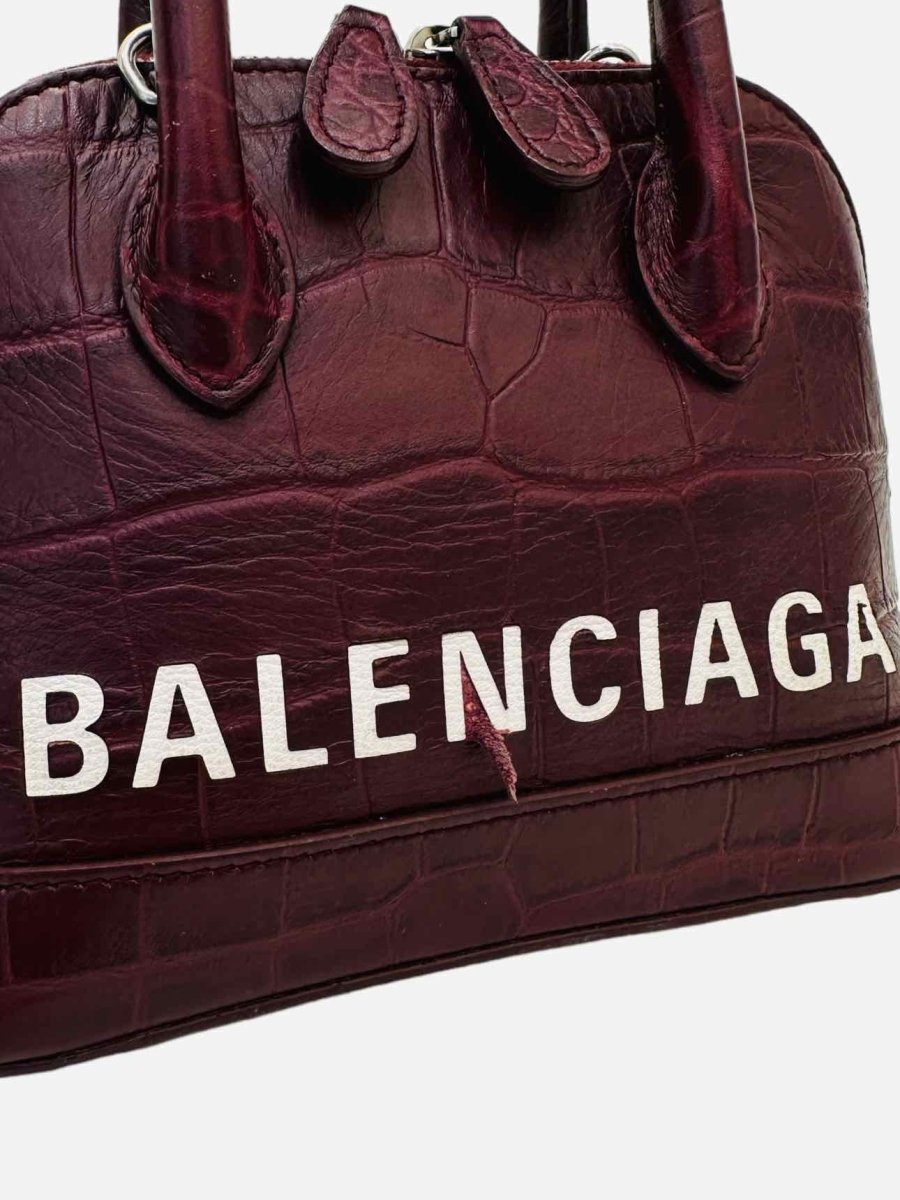 Pre-loved BALENCIAGA Logo Ville Maroon Croc Embossed Top Handle from Reems Closet