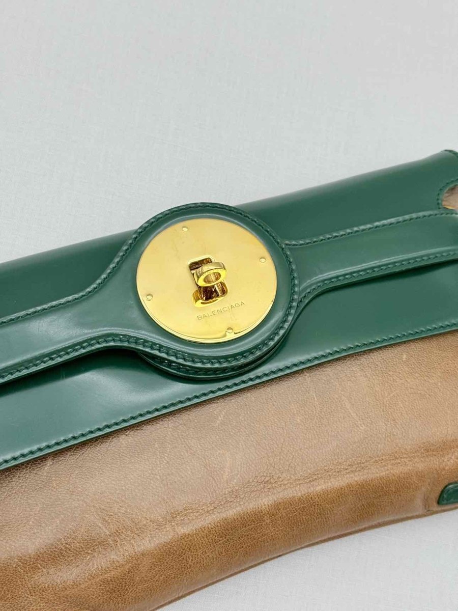 Pre - loved BALENCIAGA Luna Beige & Green Clutch at Reems Closet