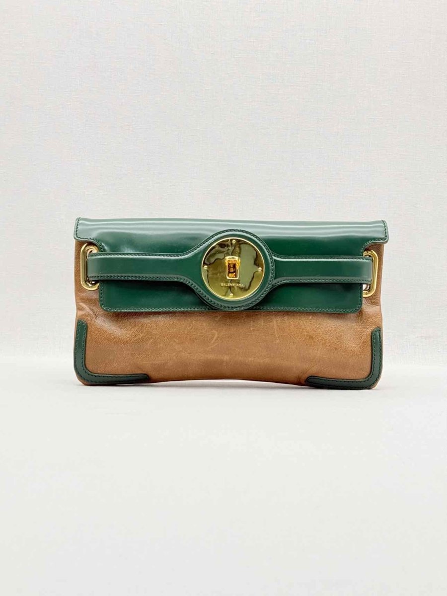 Pre - loved BALENCIAGA Luna Beige & Green Clutch at Reems Closet