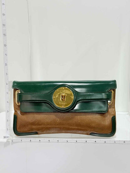 Pre - loved BALENCIAGA Luna Beige & Green Clutch at Reems Closet