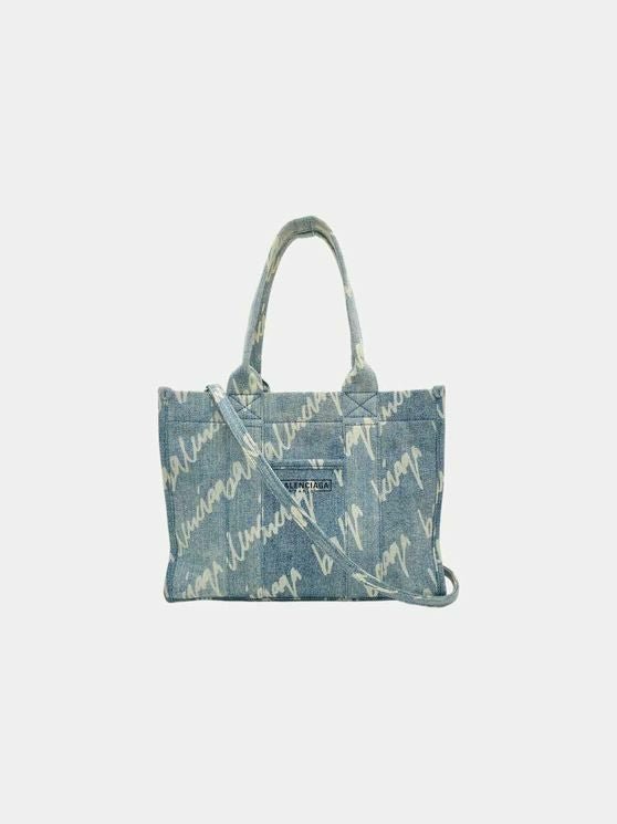 Pre - loved BALENCIAGA Scribble Blue & White Logo Tote Bag at Reems Closet