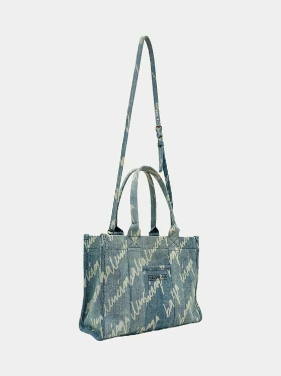 Pre - loved BALENCIAGA Scribble Blue & White Logo Tote Bag at Reems Closet