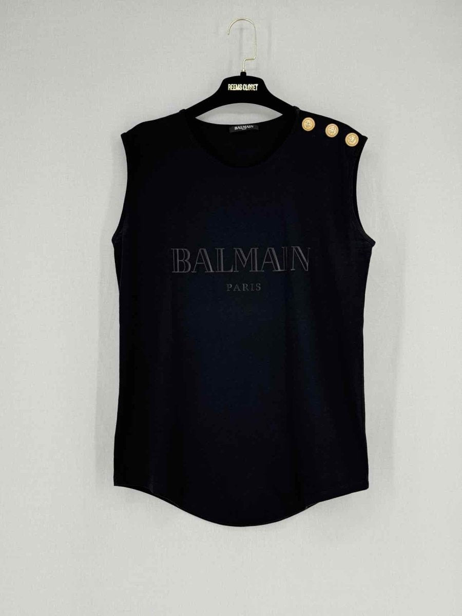Pre - loved BALMAIN Black Logo Size Medium Top at Reems Closet