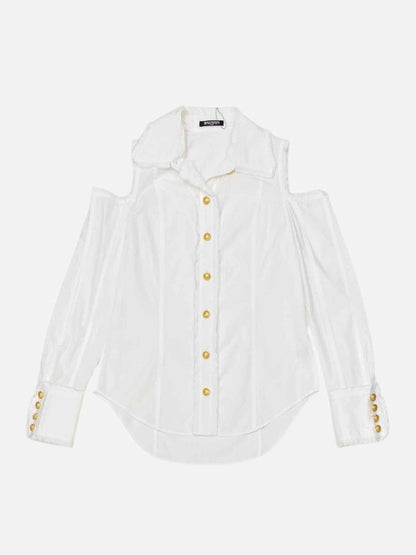 Pre - loved BALMAIN Cutout Sleeve White Shirt at Reems Closet