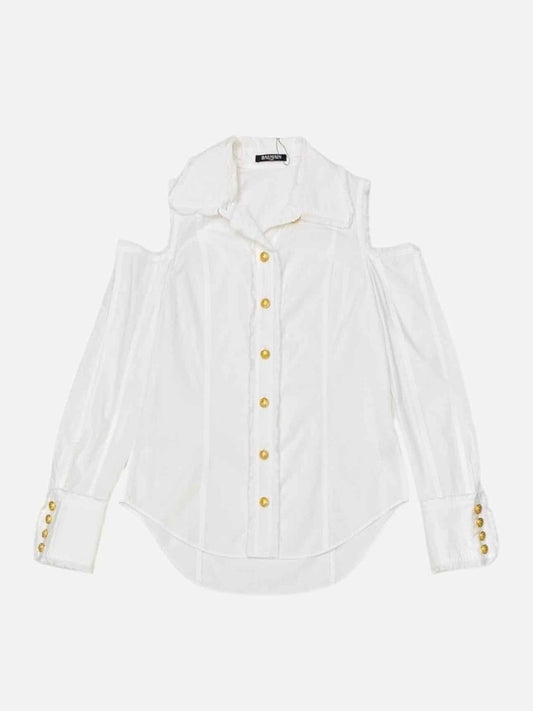 Pre - loved BALMAIN Cutout Sleeve White Shirt at Reems Closet