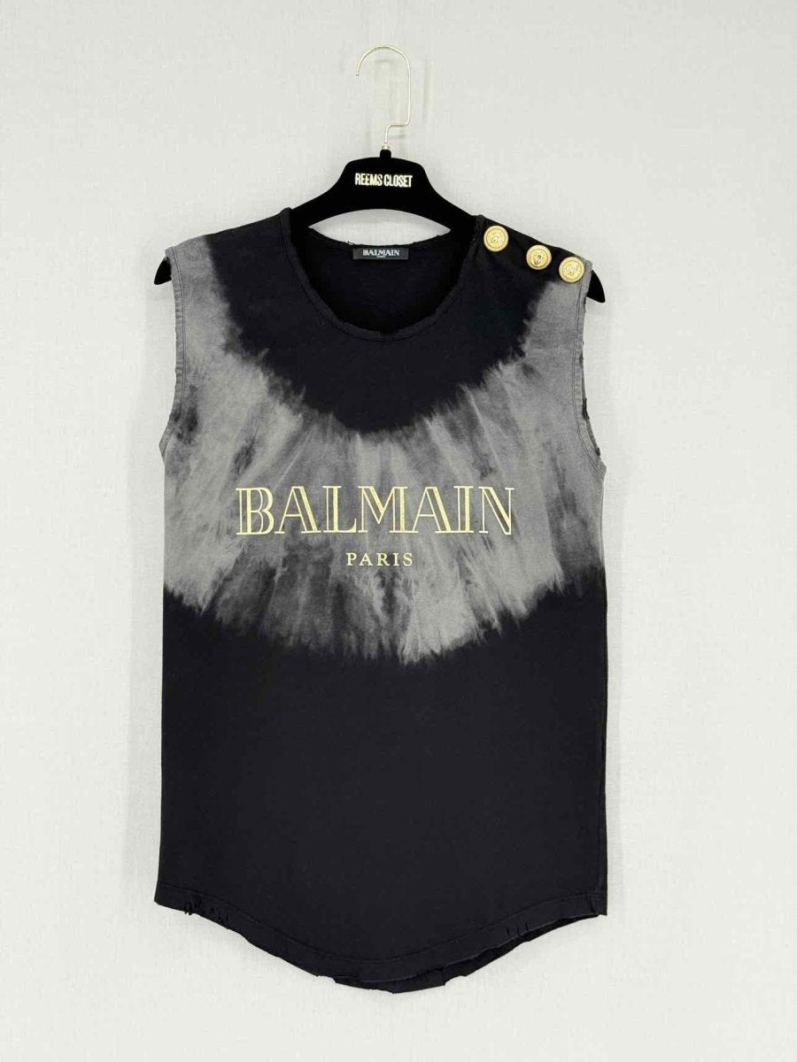 Pre - loved BALMAIN Grey & Black Logo Print Size US 2 Top at Reems Closet