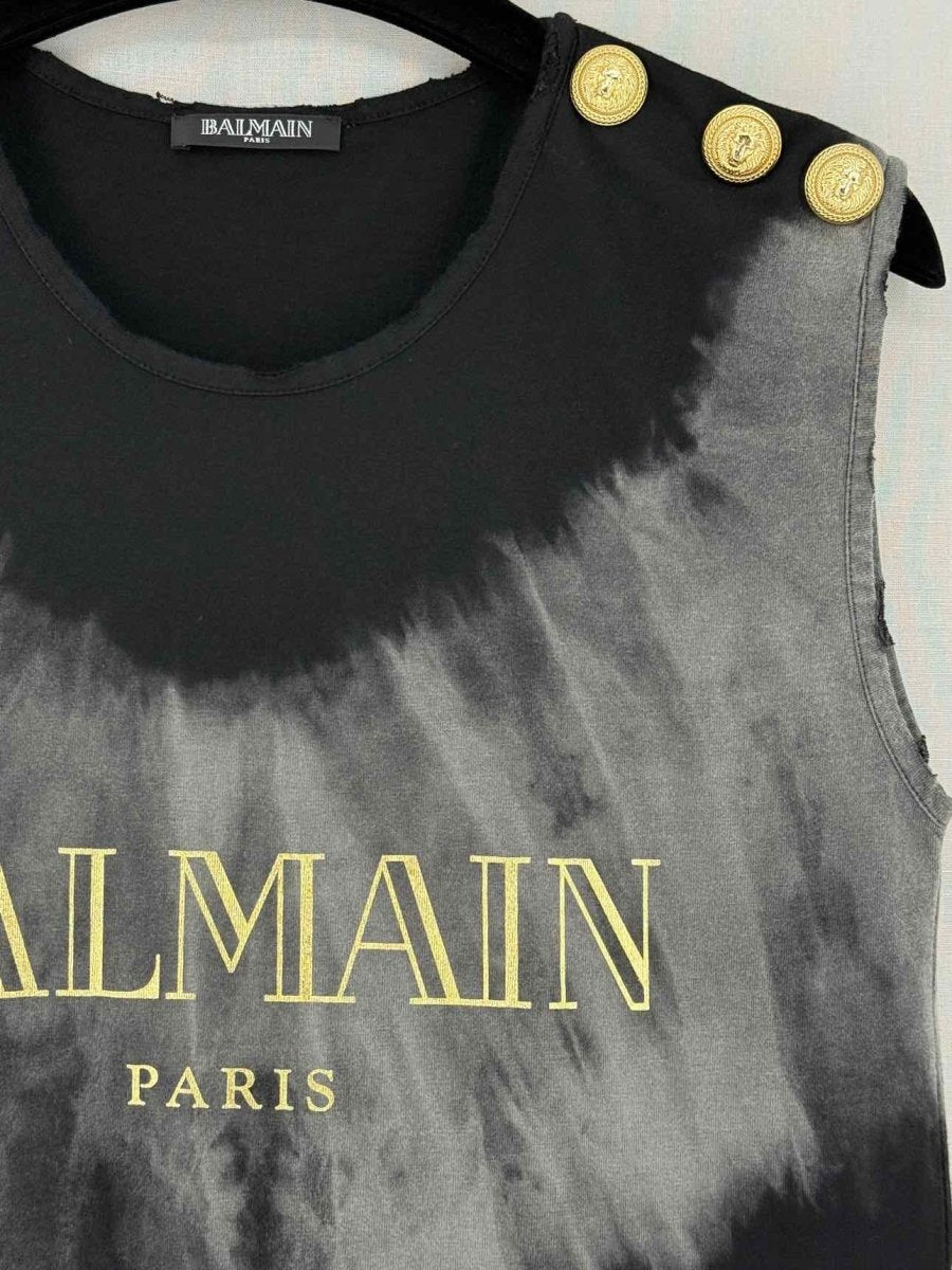 Pre - loved BALMAIN Grey & Black Logo Print Size US 2 Top at Reems Closet