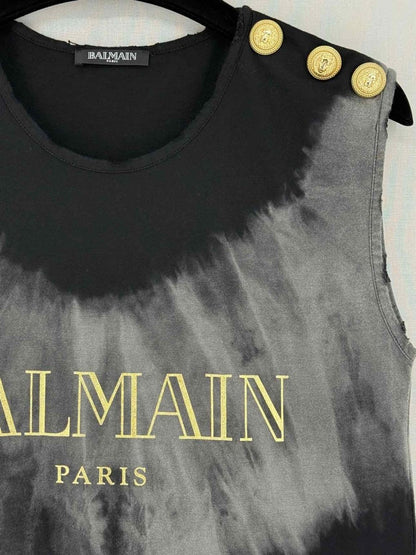 Pre - loved BALMAIN Grey & Black Logo Print Size US 2 Top at Reems Closet