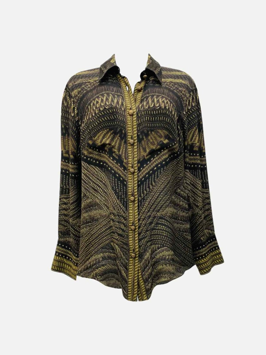 Pre - loved BALMAIN Khaki Print Blouse at Reems Closet