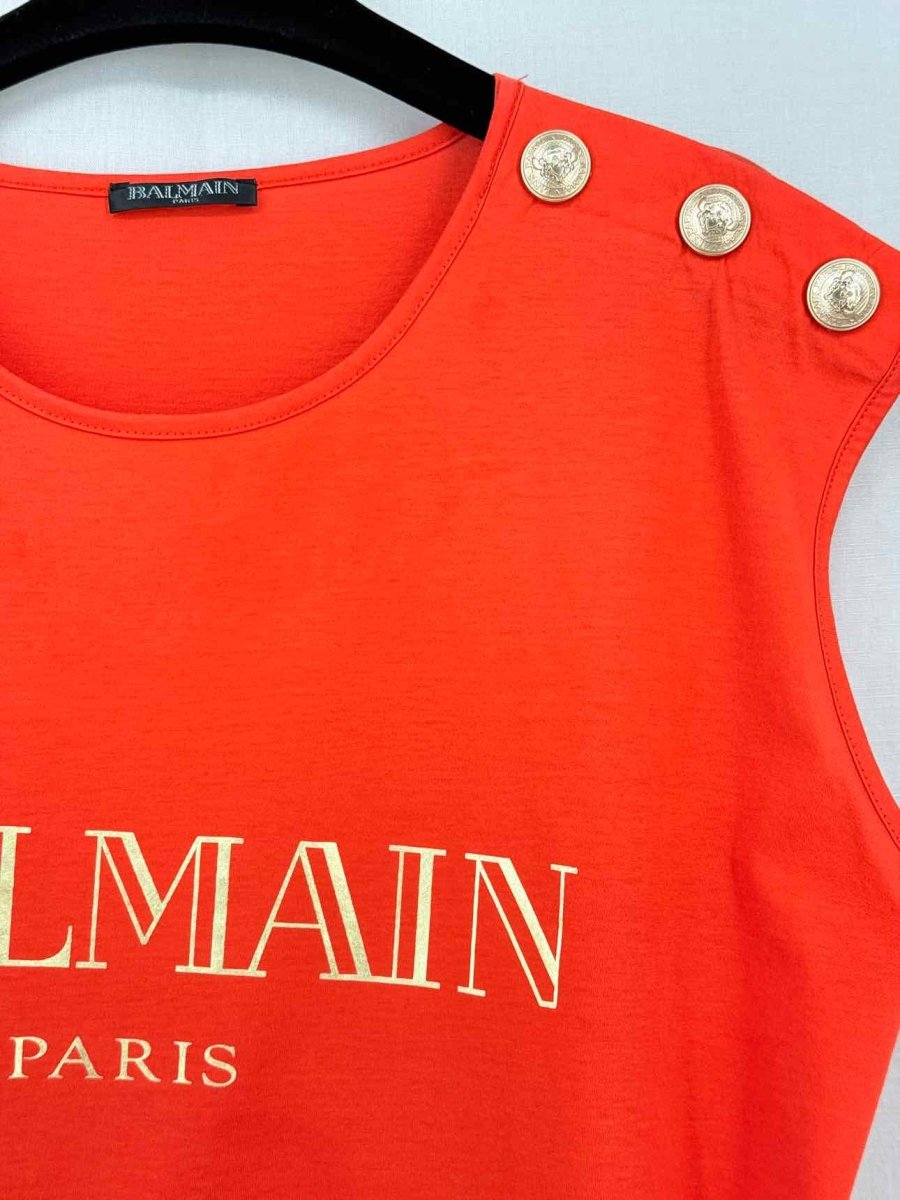 Pre - loved BALMAIN Orange Logo Print Size Large Top at Reems Closet