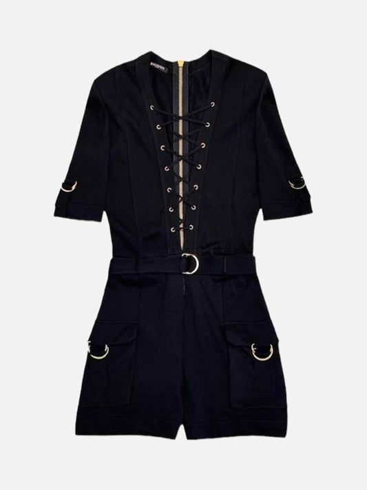 Pre-loved BALMAIN Pique Lace-Up Cargo Black Playsuit from Reems Closet