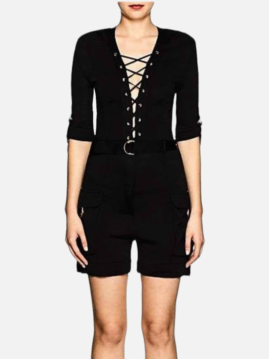 BALMAIN Pique Lace Up Cargo Black Playsuit Reems Closet