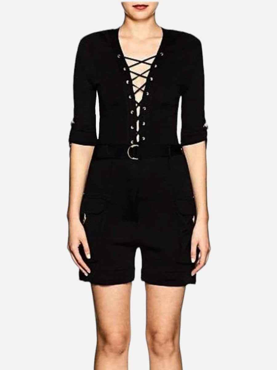 Pre-loved BALMAIN Pique Lace-Up Cargo Black Playsuit from Reems Closet