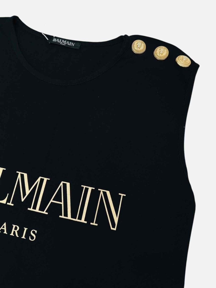 Pre - loved BALMAIN Sleeveless Black Logo Top at Reems Closet