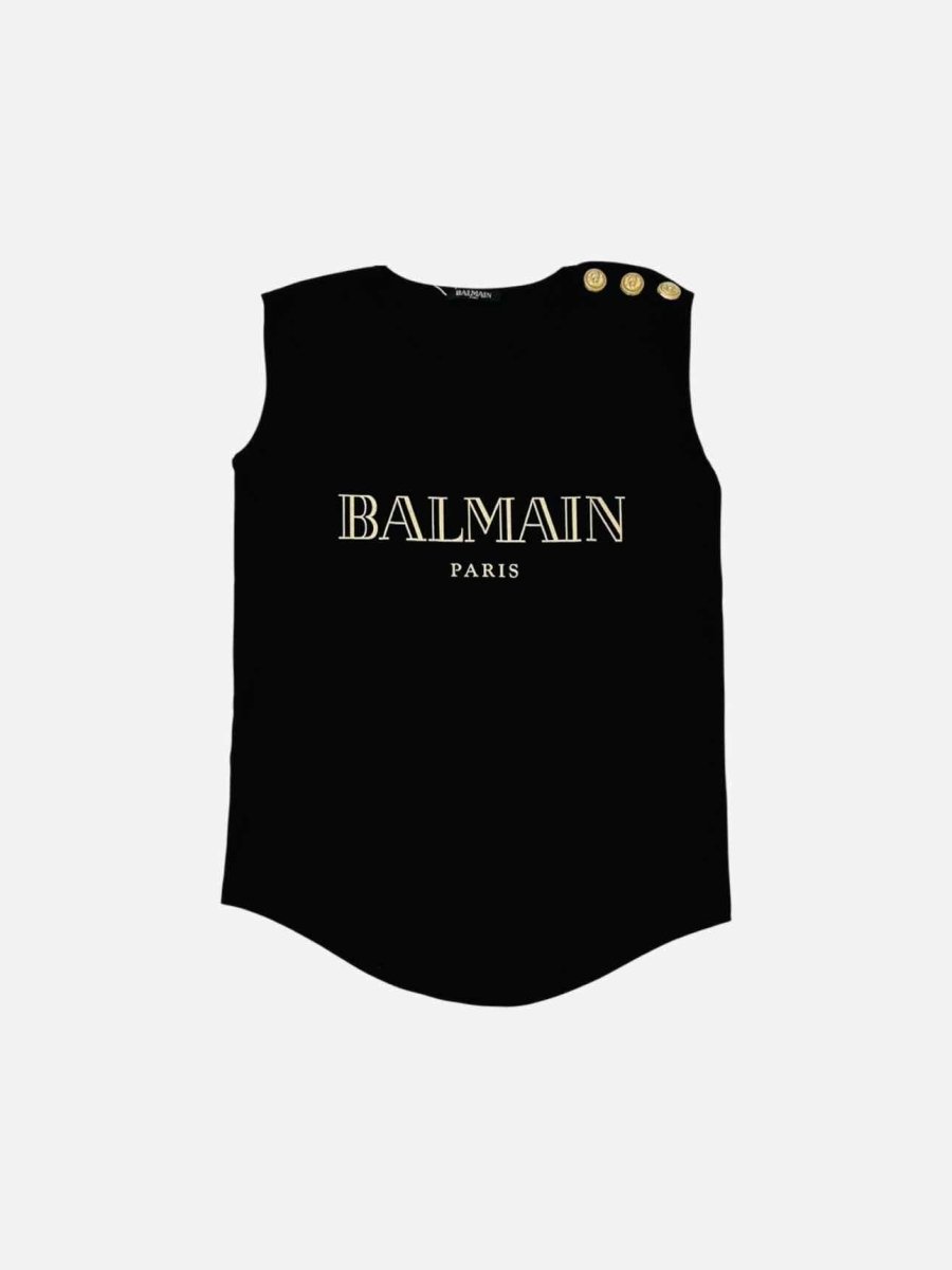 Pre - loved BALMAIN Sleeveless Black Logo Top at Reems Closet