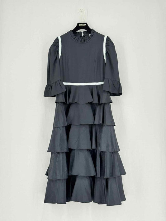 Pre - loved BATSHEVA Black Frilled Size US 6 Midi Dress at Reems Closet